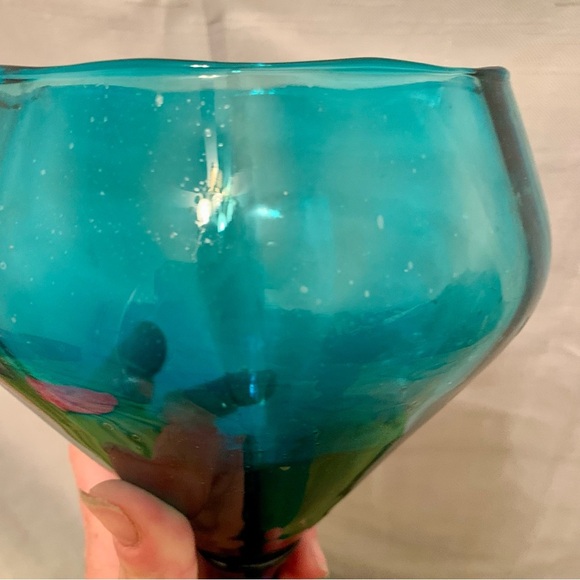 Vintage 12" EMPOLI Italian BLUE Turquoise Art GLASS Compote VASE Mid-Century - Picture 3 of 9
